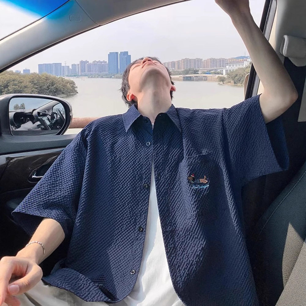 泡泡纱速干短袖衬衫男夏季薄款腊肠狗刺绣翻领衬衣青少年半袖外套