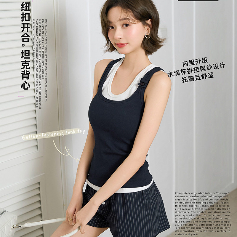 春夏美式辣妹针织带胸垫无袖上衣显瘦纽扣坦克外穿打底工字背心女
