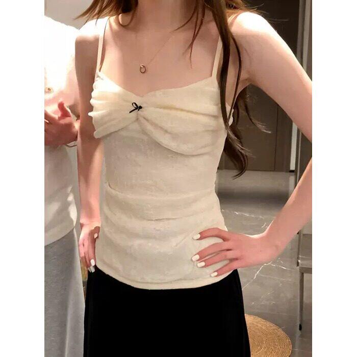 白色V领刺绣蕾丝边无袖吊带背心女夏季外穿短款美背又甜又辣上衣