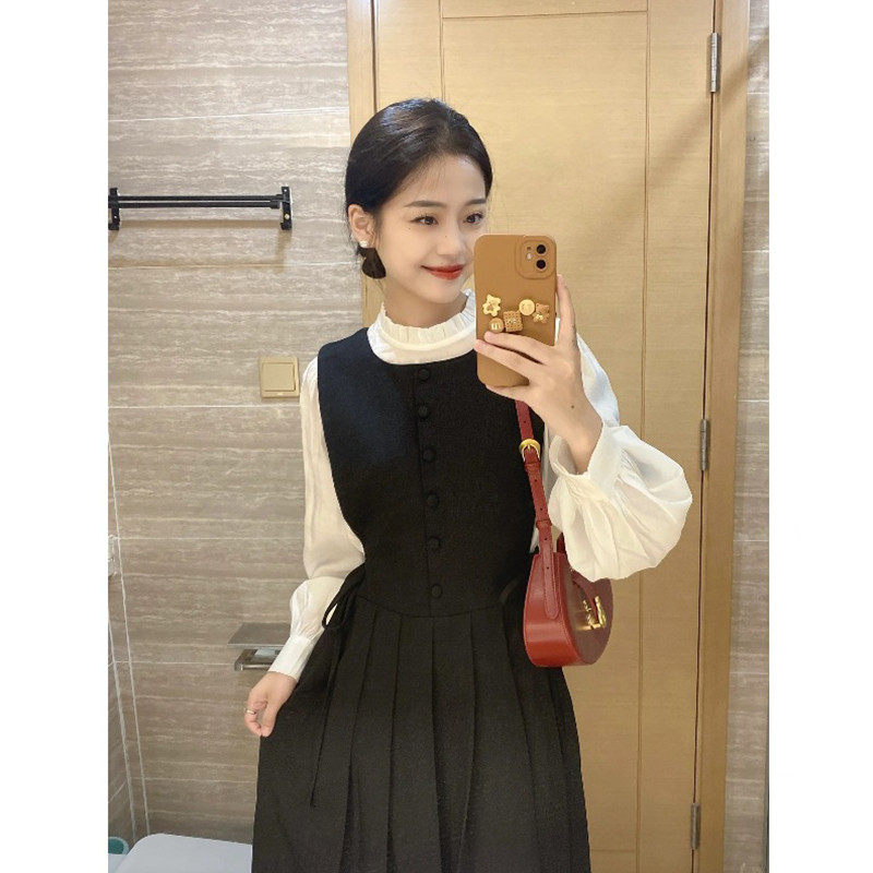 法式高级感长袖背带连衣裙女士春秋冬季2025新款小个子气质套装裙