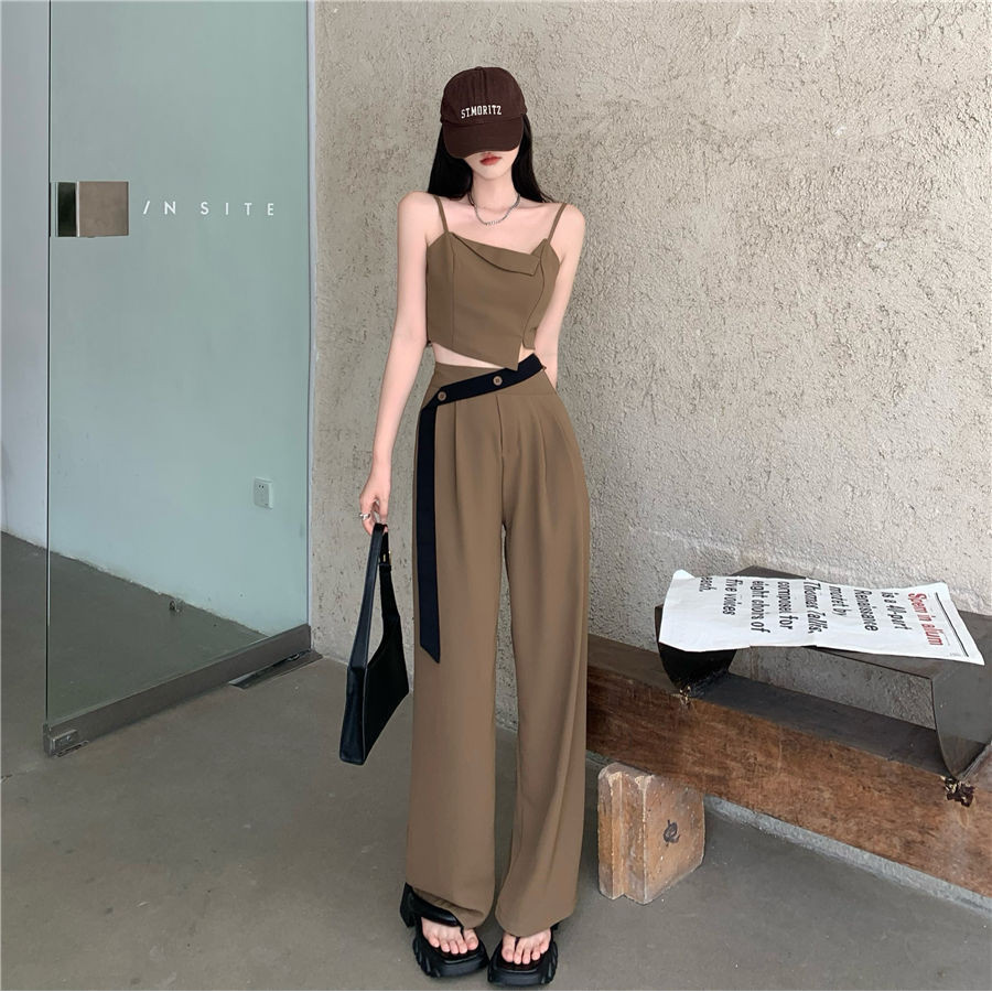 夏季甜酷辣妹帅气不规则吊带短款背心外穿高腰设计感西装长裤套装,女装/女士精品,时尚套装,淘宝优惠券,粉丝福利购,淘宝优惠卷