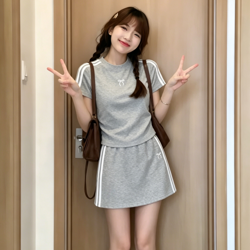 裙子有内衬40支纯棉高弹 绣花三条杆运动套装女短袖T恤夏