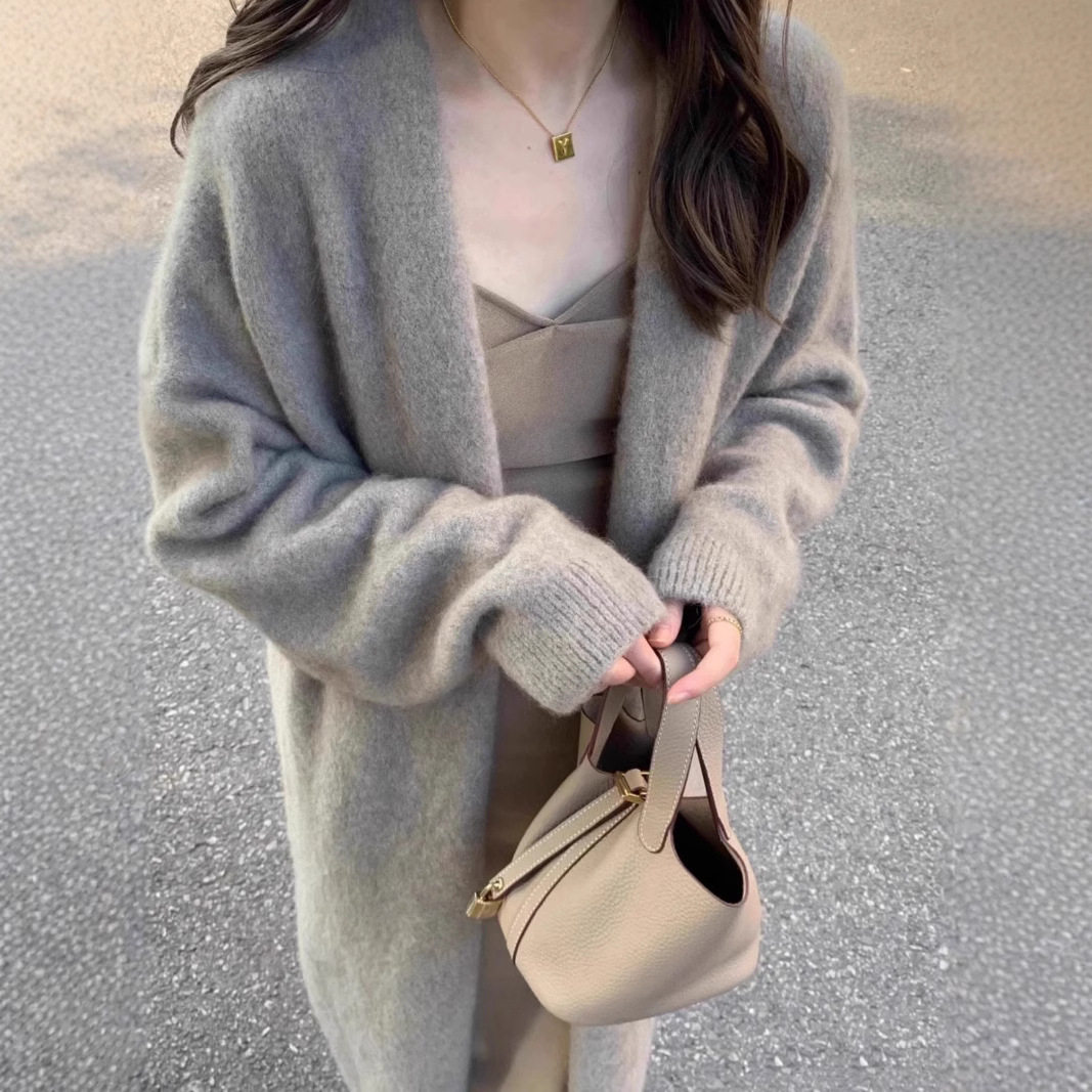 慵懒感小香风过膝中长款针织开衫女宽松甜美软糯温柔纯色毛衣外套