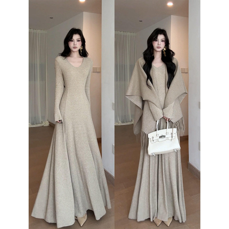 御姐范气质针织套装秋季v领内搭长袖连衣裙披肩两件套女,女装/女士精品,时尚套装,淘宝优惠券,粉丝福利购,淘宝优惠卷