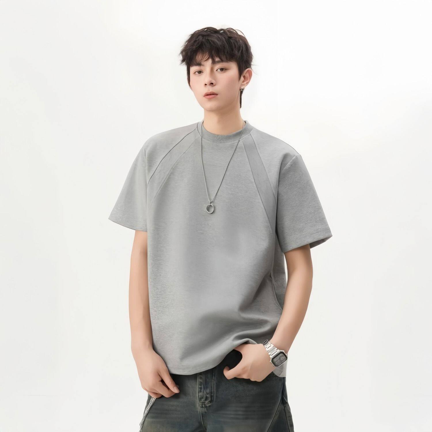 美式硬挺廓形短袖T恤男夏季潮牌小众拼接正肩体恤高街设计感上衣