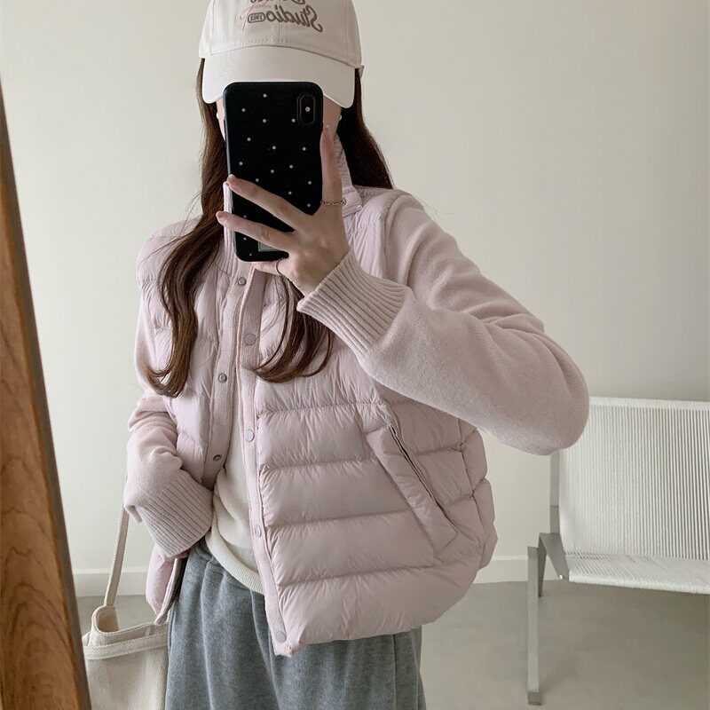针织立领拼接羽绒棉服女短款2026年冬季新款小个子轻薄排骨外套