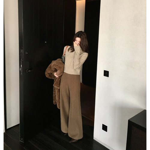 龍喜儿 轻熟复古羊毛微喇裤女高腰垂感宽松显瘦直筒休闲长裤J725