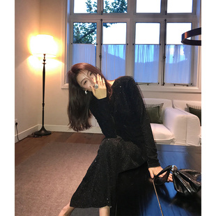 龍喜儿 秋季黑色亮片长袖连衣裙女气质修身过膝长款小黑裙K252