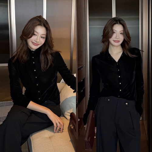 龍喜儿 丝绒上衣女老钱风长袖立领修身显瘦百搭时髦小衫X221