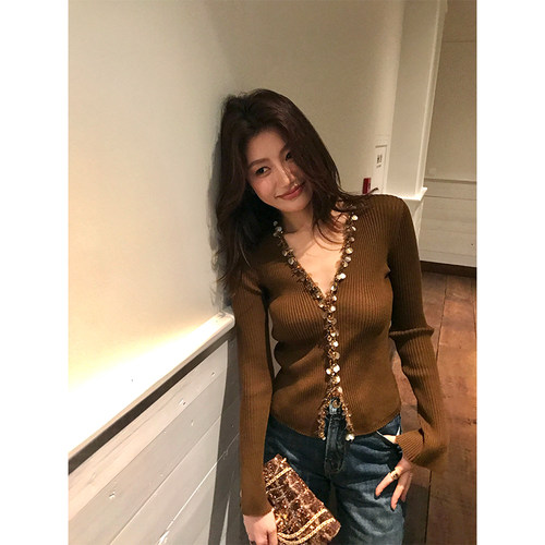 时尚V领亮片针织衫女设计感小众