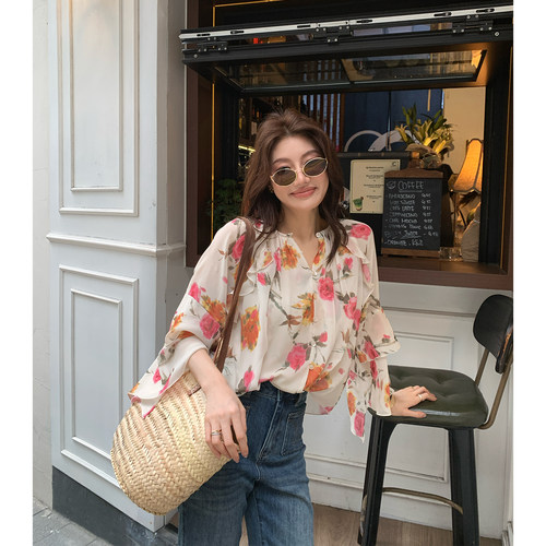 龍喜儿碎花圆领套头衬衫女法式立体长褶宽松荷叶边喇叭袖上衣A623