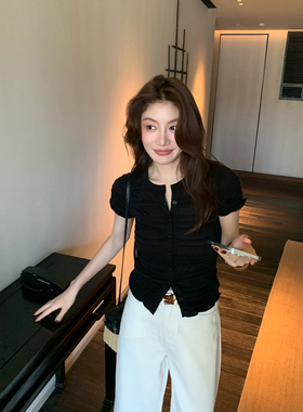 龍喜儿'Ioo%天丝' 轻褶圆领短袖女复古氛围感修身显瘦百搭T恤J021