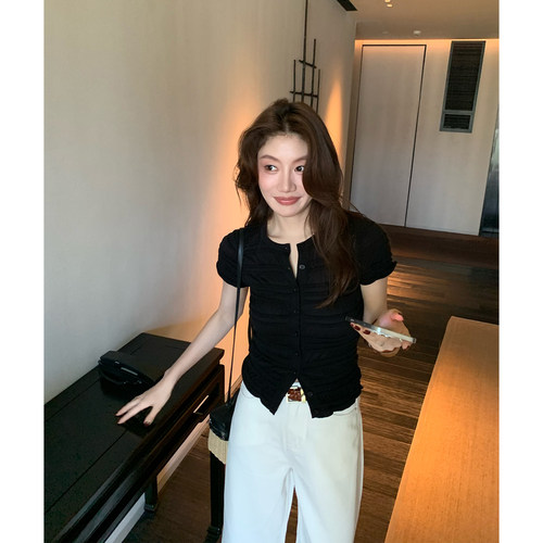 龍喜儿 'Ioo%莱赛尔' 短袖T恤女圆领复古设计感显瘦上衣J021