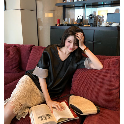 龍喜儿 “100%桑蚕丝20姆米香云纱”上衣女v领撞色百搭小衫N391