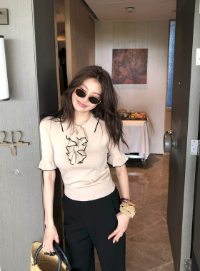 龍喜儿 轻盈羊绒短袖T恤女奢华质感经典蝴蝶结门襟翻领针织衫J605