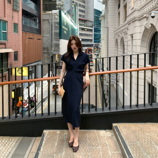 龍喜儿 醋酸连衣裙女夏法式通勤翻领缩褶收腰显瘦短袖衬衫裙R616