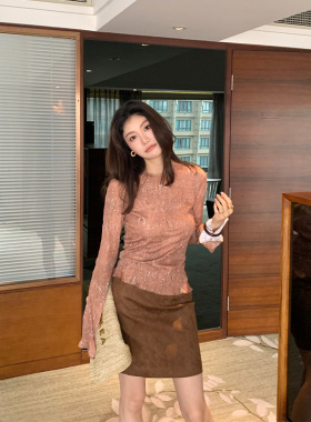 龍喜儿 气质蕾丝打底衫圆领长袖修身显瘦内搭T恤上衣女708