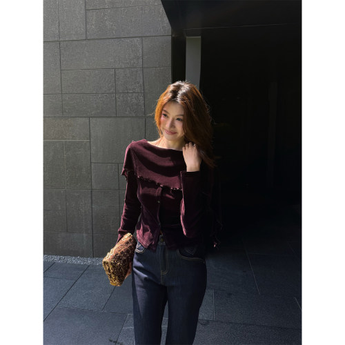 龍喜儿【优雅序章】法式气质假两件披肩式显瘦丝绒长袖上衣女M315