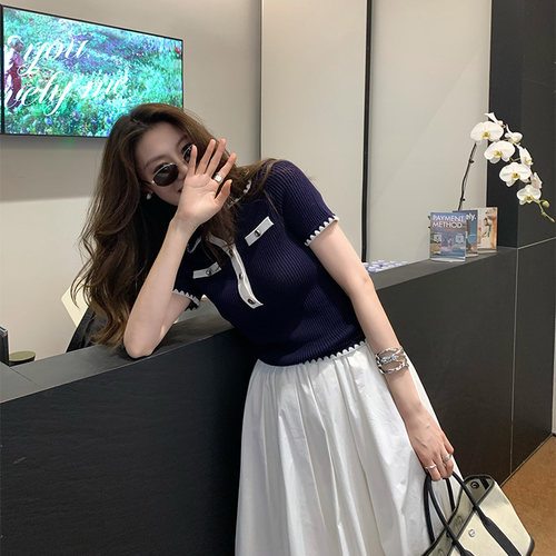 龍喜儿 法式毛针织衫女短袖polo领设计感修身显瘦翻领上衣Z231