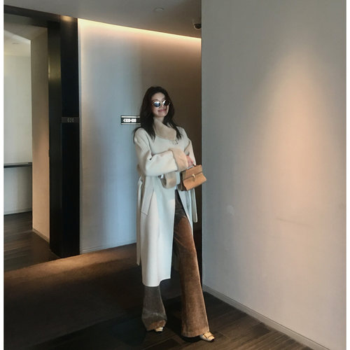 龍喜儿温柔气质羊绒羊毛混纺高领呢大衣女系带收腰双面呢外套V221
