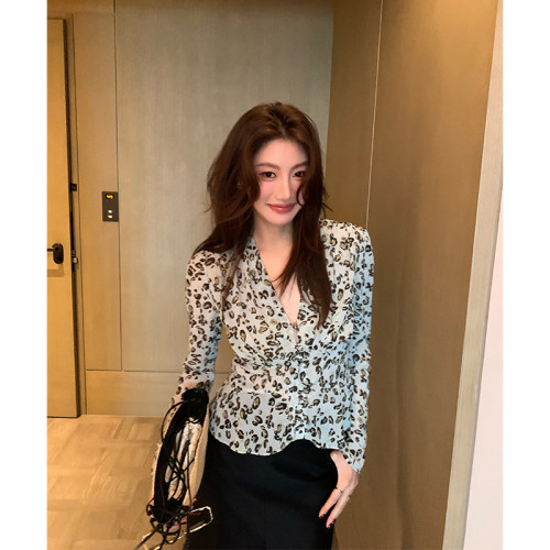 龍喜儿 法式豹纹印花上衣女长袖V领收腰时髦设计感时髦小衫A057