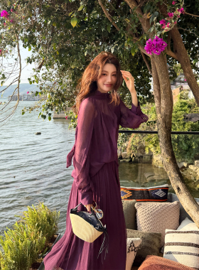 龍喜儿'loo%人丝'高领微褶套装女垂坠感透气亲肤灯笼袖两件套Z683
