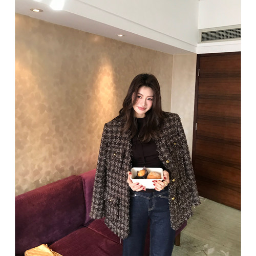 龍喜儿 粗花编织小香风千鸟格羊毛外套女轻奢高级感上衣J141