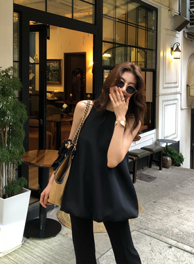 龍喜儿高级感黑色无袖工字挂脖上衣女宽松显瘦气质背心花苞裙X787