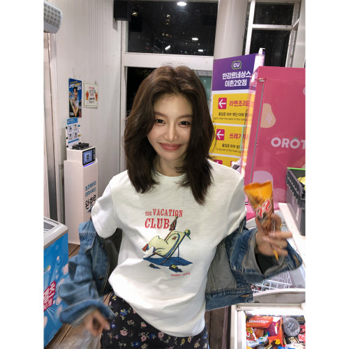 龍喜儿 “loo棉% ”白色印花上衣女短袖圆领宽松时尚百搭T恤D311