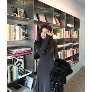 龍喜儿 法式显气质高领针织连衣裙女长款过膝打底毛衣裙K289