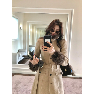 龍喜儿 loo%绵羊毛大衣女冬季可拆卸毛领过膝中长款毛呢外套K766