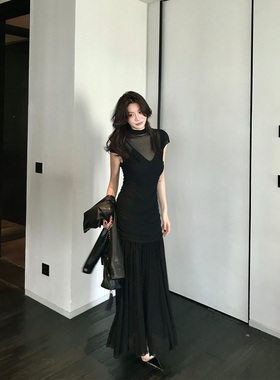 龍喜儿 透视网纱拼接连衣裙女春秋新款法式性感V领鱼尾长裙Q575