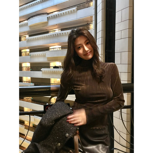 龍喜儿 丝绒高领T恤女设计感修身长袖内搭保暖打底上衣J154