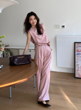 龍喜儿 气质两件套女新款背心直筒裤套装P078