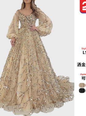 新款金色重工钉珠豪华晚礼服性感