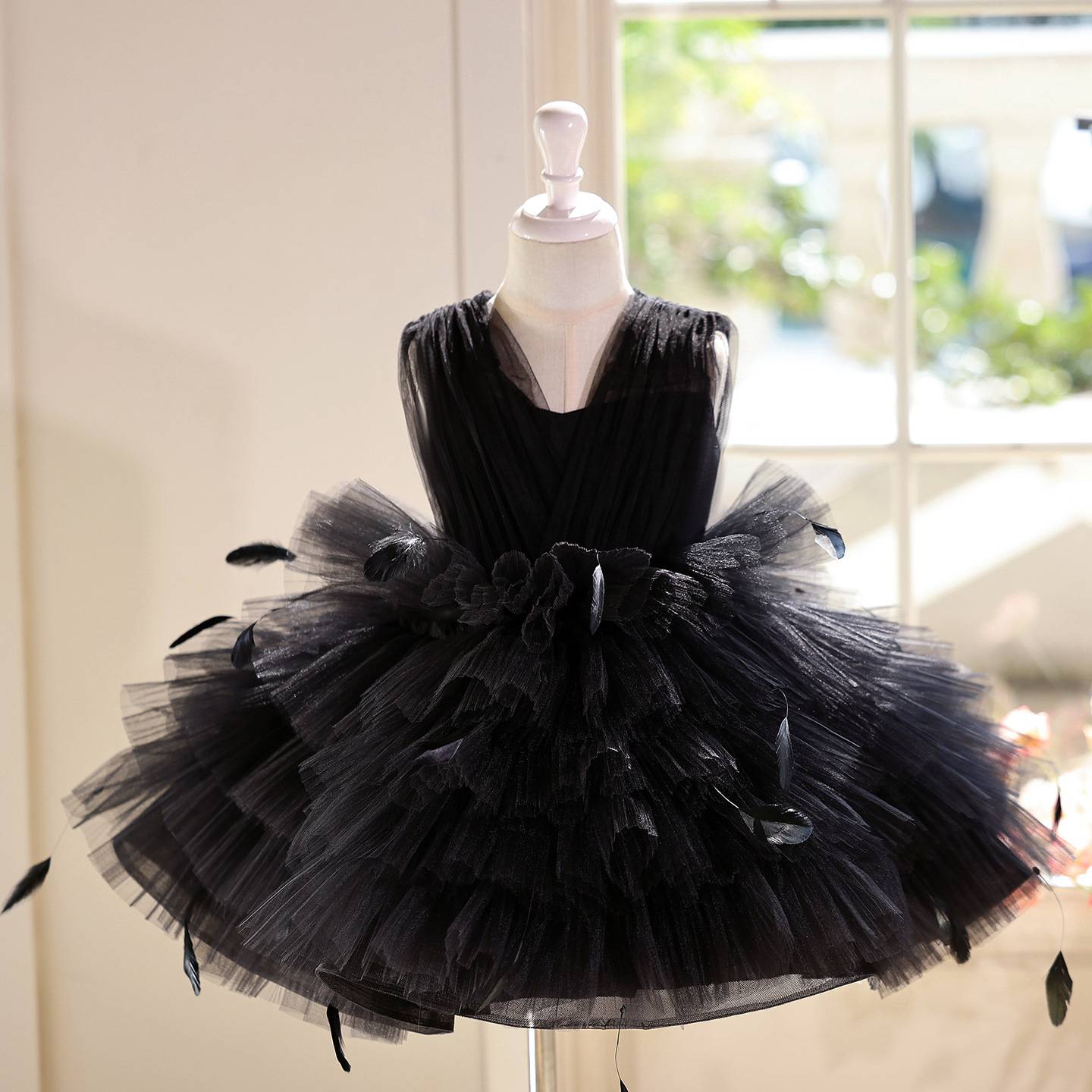 儿童公主裙女童生日礼服黑色钢琴