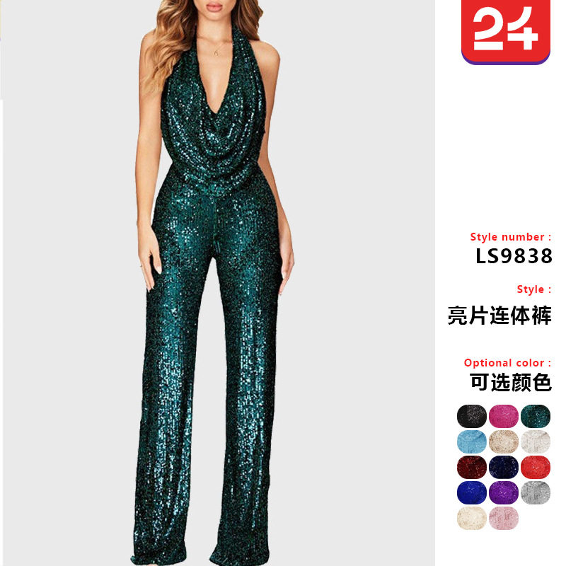 现货欧美风夏季无袖挂脖亮片女款