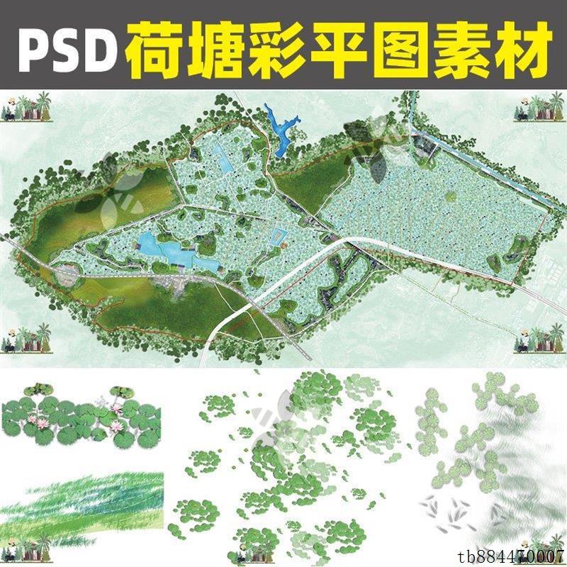 P205荷塘PS景观彩平图荷花水草鱼水生湿地植物平面PSD分层素材