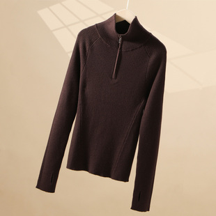 2026新款高端德国扬子纱精纺羊毛衫女半拉链抽条拇指袖修身打底衫