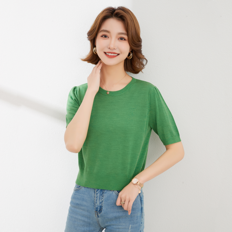 高端扬子纱精纺羊毛衫女短袖T恤衫打底针织纯色小短款泡袖修身型