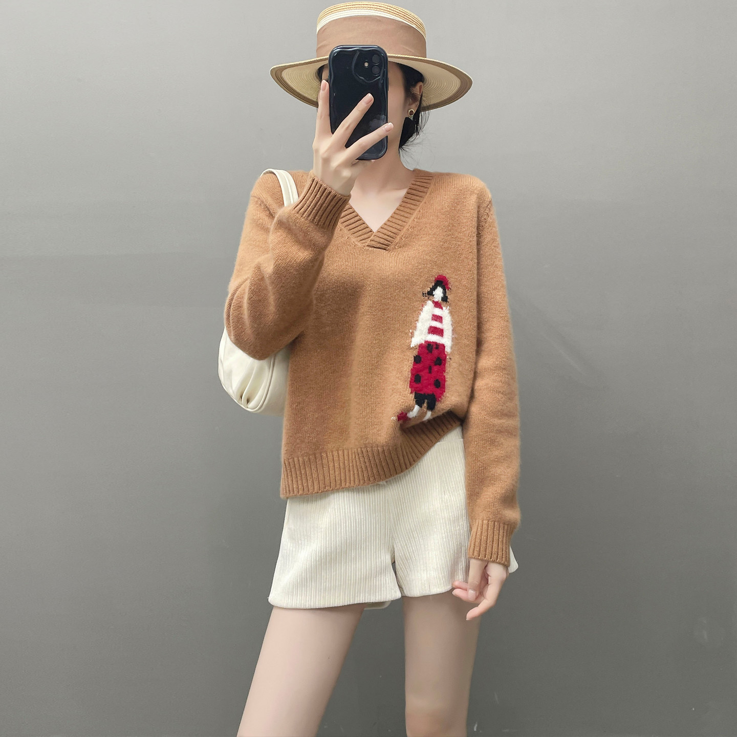 秋冬纯羊绒V领小女孩提花毛衣