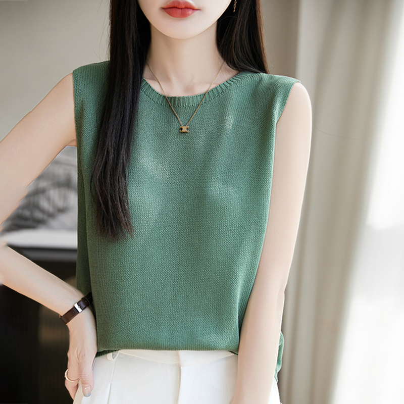 2024春夏新品蕾丝木耳边领精纺柔软绵羊毛背心无袖打底衫女 内搭