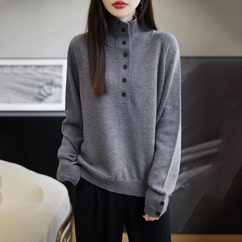 2024秋冬季新款时尚宽松半开领纯羊毛衫女时髦立领针织衫打底毛衣