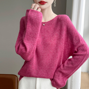 2025秋冬新款桑蚕丝加山羊绒衫女一字领毛衣女慵懒纯色针织打底衫