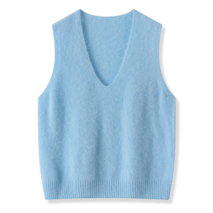 2026早春新款 通勤风V领拉绒针织马甲背心女蓝色套头叠穿毛衣坎肩