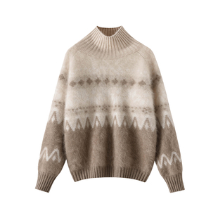 高端奢华拉绒纯山羊绒衫女高领时尚费尔岛提花宽松针织衫毛衣2025