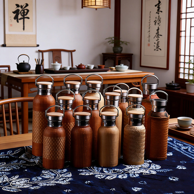 手工竹编杯子竹丝保温杯304不锈钢热水瓶中式旅行茶具竹制工艺品