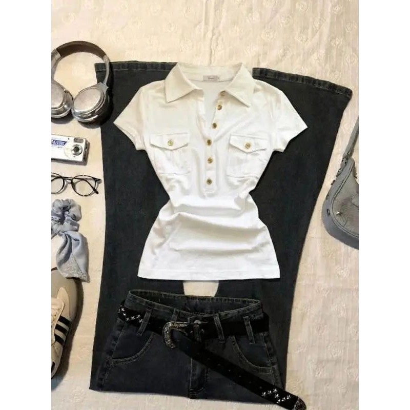 翻领口袋正肩修身T恤女 Ladies' collar pocket shoulder T-shirt