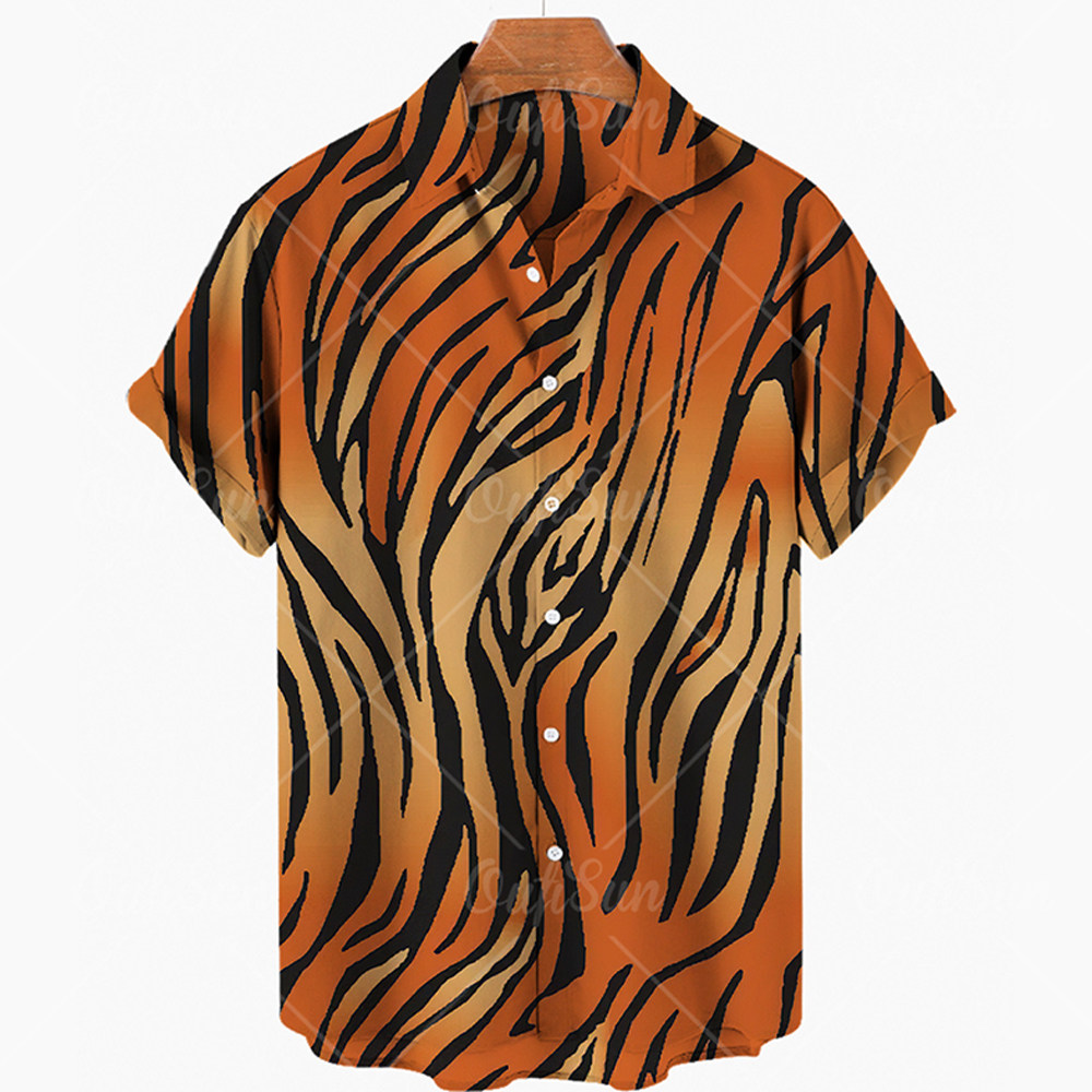 3D tiger print loose shirt T-shirt 度假3D虎纹印花宽松衬衫T恤