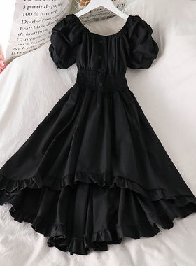 Solid color square collar flounces dress纯色方领荷叶边连衣裙